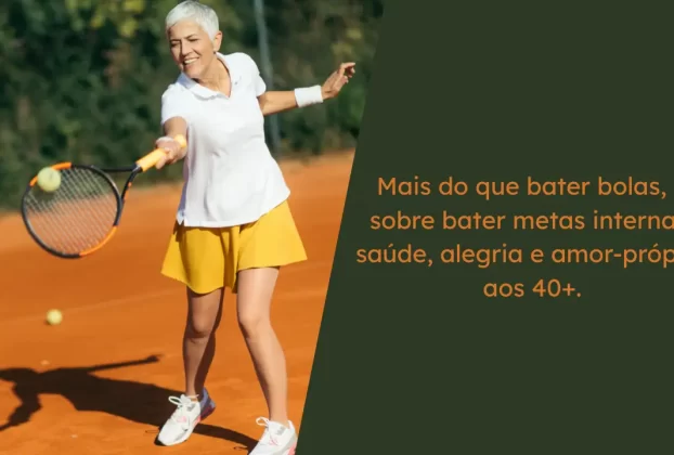 Mulher 40+ em quadra aproveitando os benefícios do tênis para mulheres 40+ e cuidando da saúde.
