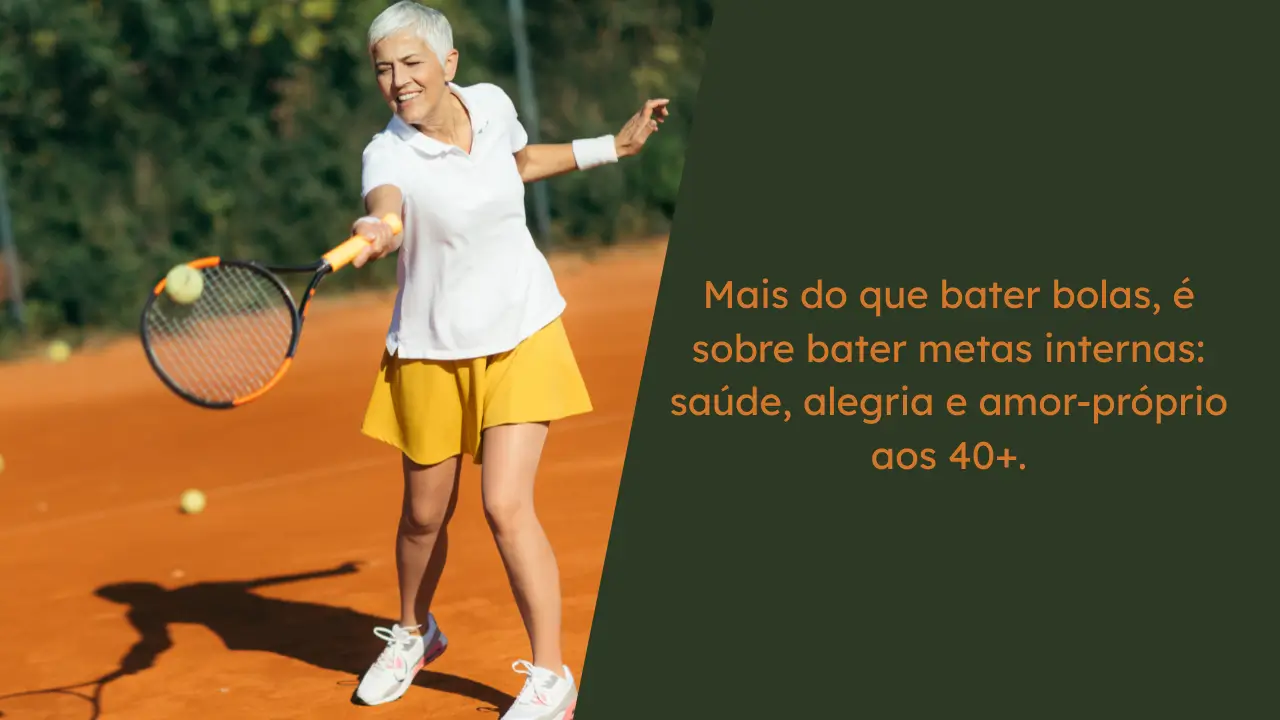 Mulher 40+ em quadra aproveitando os benefícios do tênis para mulheres 40+ e cuidando da saúde.